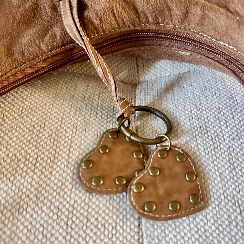 Y2K Boho Faux Suede Hobo Bag Brown w/ Dangling‎ Heart Charms